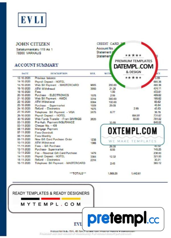 Finnish Evli Bank PLC Bank statement example in Word and PDF format