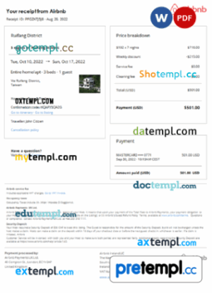 Taiwan Airbnb booking confirmation Word and PDF example