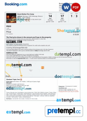 Moroccan hotel booking confirmation Word and PDF example, 2 pages