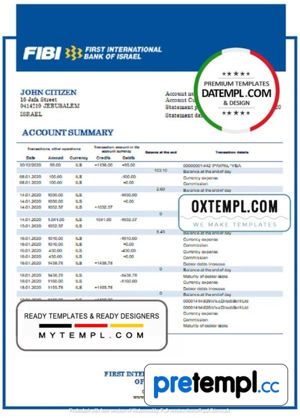 Israeli First International Bank of Israeli proof of address bank statement 3 - 6 months example in Word and PDF format