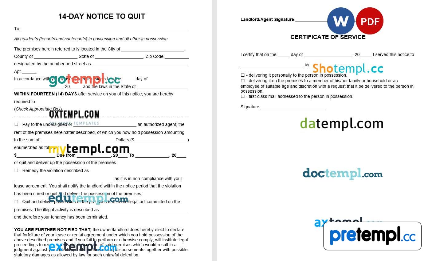 14-Day Eviction Noticе to Quit Form agreement Word example - Pretempl