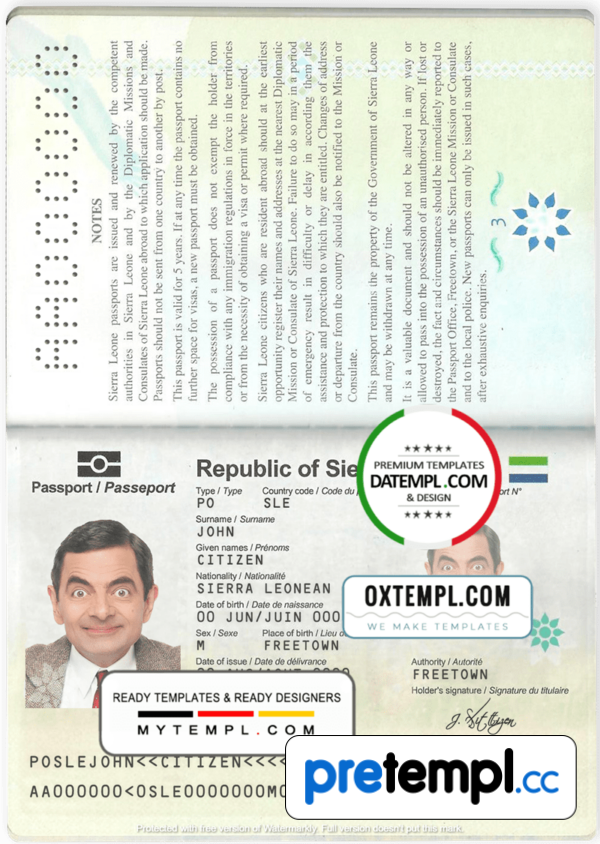 Sierra Leone passport example in PSD format, fully editable - Pretempl