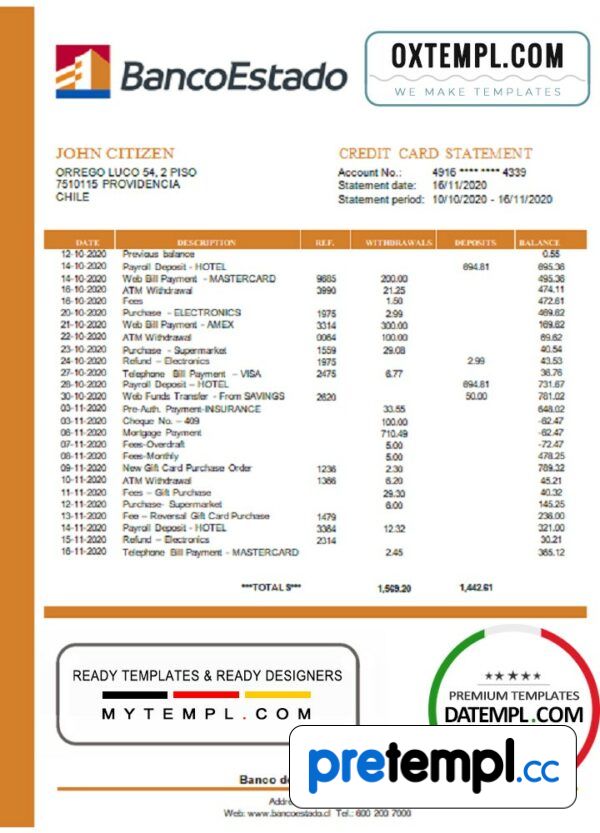 Chilean Banco del Estado de Chilean bank statement 3 - 6 months example in Word and PDF format