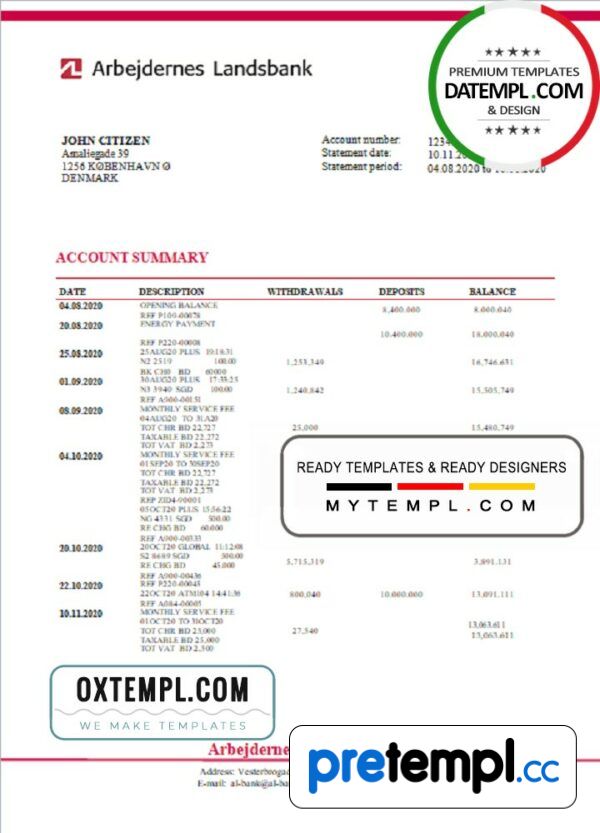 Danish Arbejdernes Landsbank bank statement 3 - 6 months example in Word and PDF format