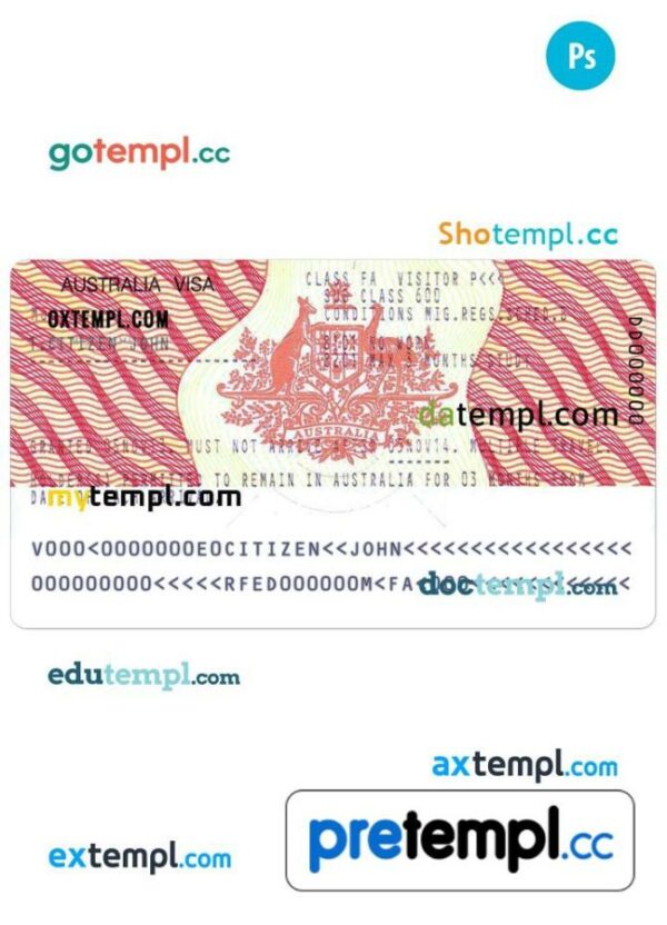 Australian travel visa PSD example, with fonts