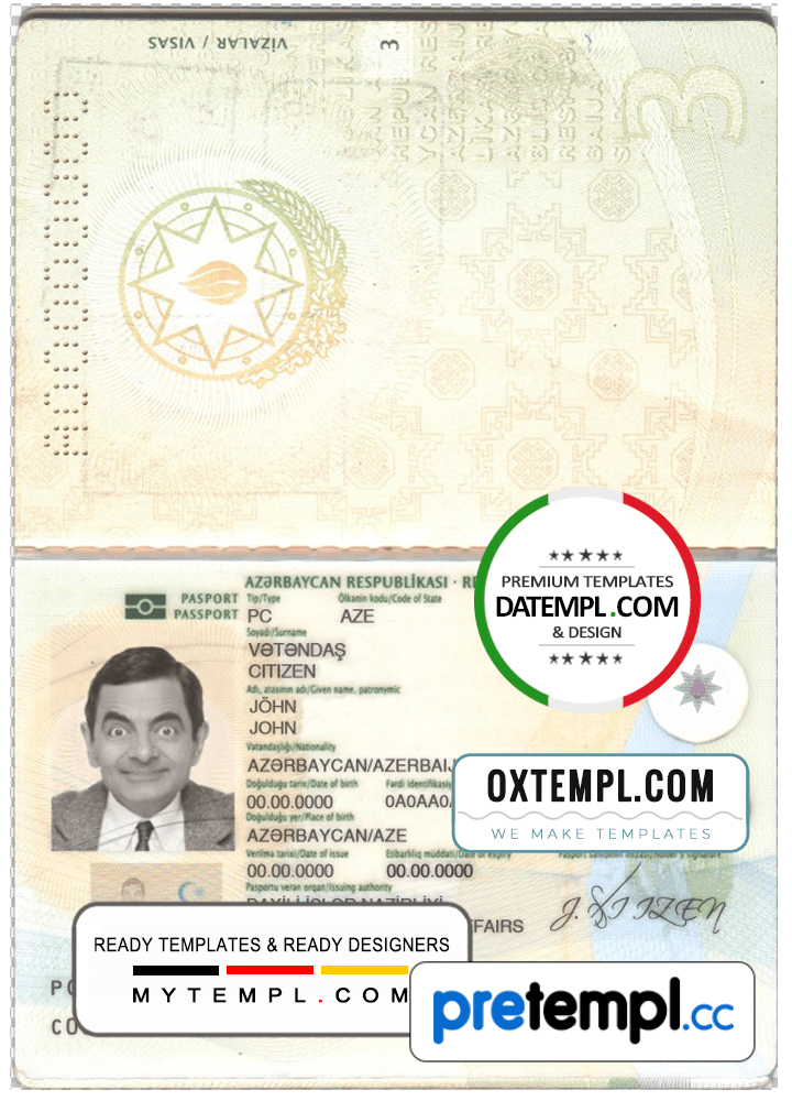 Azerbaijani passport example in PSD format, fully editable - Pretempl