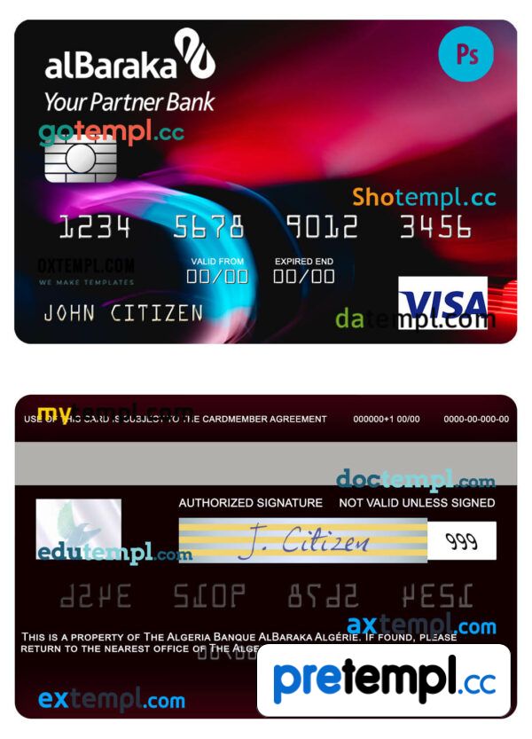 Algerian Banque AlBaraka Algérie visa card example in PSD format