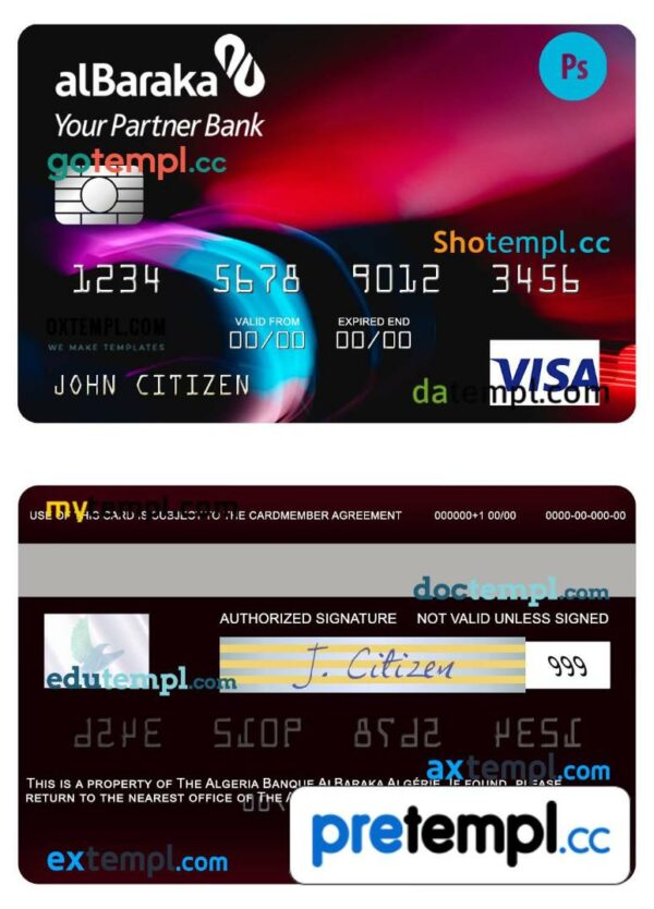 Algerian Banque AlBaraka Algérie visa card example in PSD format