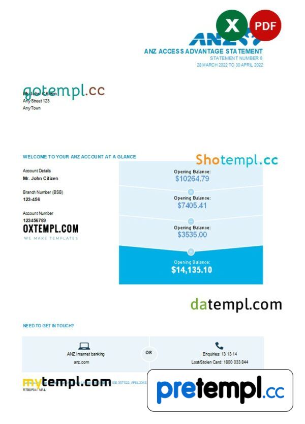 Australian ANZ bank statement 3 - 6 months easy to fill example in Excel and PDF format, 2 pages