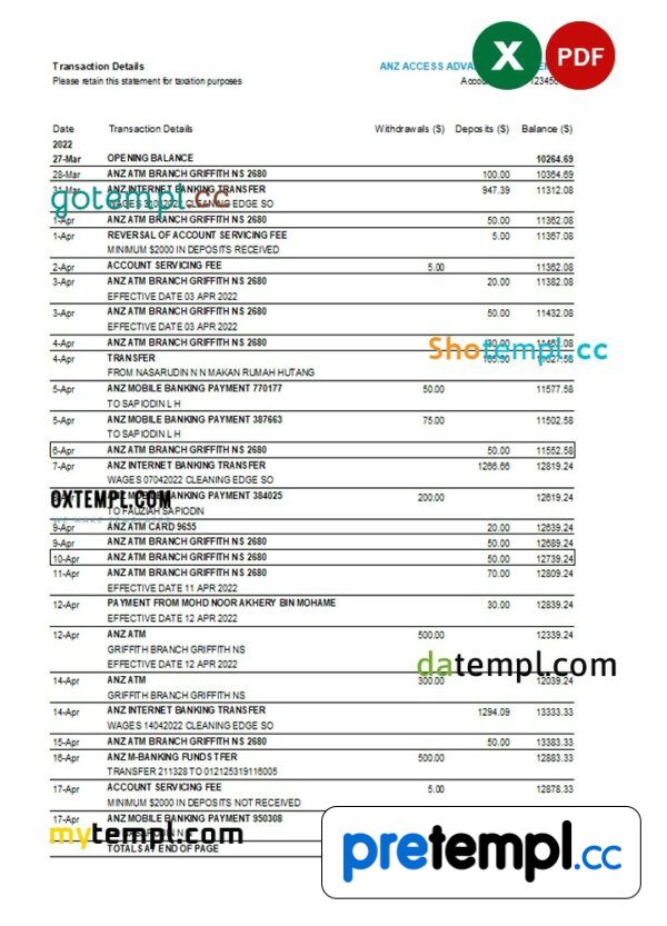 Australian ANZ bank statement 3 - 6 months easy to fill example in Excel and PDF format, 2 pages - Image 2