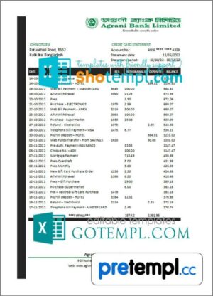 Bangladeshi Agrani Bank statement example in Excel and PDF format