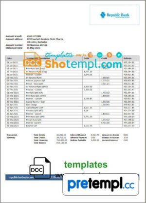 Barbadian Republic Bank statement example in Word and PDF format