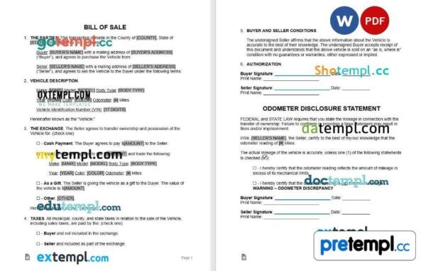 free download bill of sale example in Word and PDF format