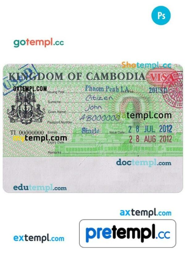 Cambodian entry visa PSD example, fully editable