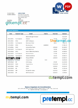 Cabo Verdean Banco Africano de Investimento bank statement 3 - 6 months Word and PDF example