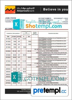 Cameroonian SCB bank statement 3 - 6 months Excel and PDF example, fully editable (AutoSum)