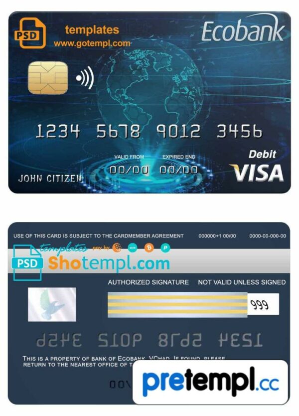 Chadian Ecobank visa credit card example in PSD format, fully editable