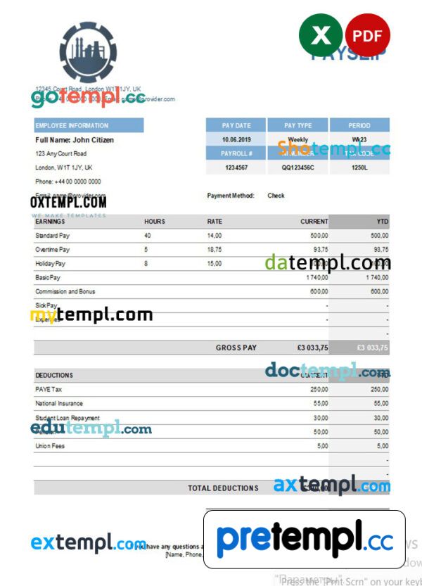 Chemical company payslip example in Excel and PDF formats