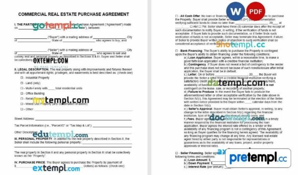 free download commercial real estate purchase agreement example, Word and PDF format
