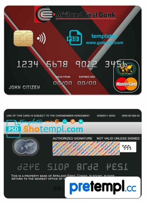Congo Afriland First bank mastercard credit card example in PSD format, fully editable