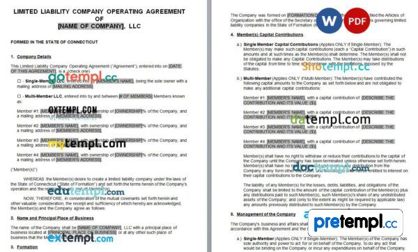 Connecticut LLC Operating Agreement word example, fully editable