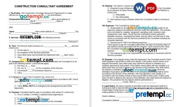 Construction Consultant Agreement Word example, fully editable