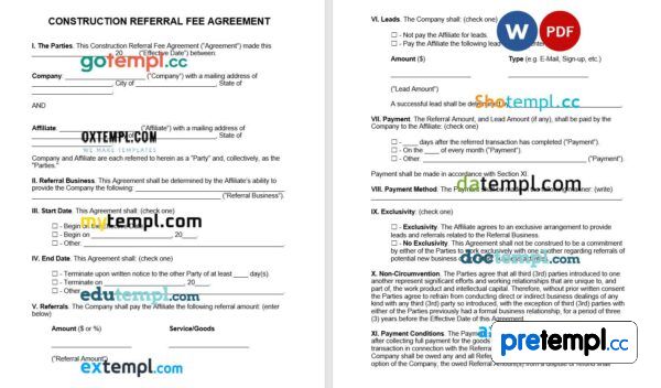 Construction Referral Fee Agreement Word example, fully editable