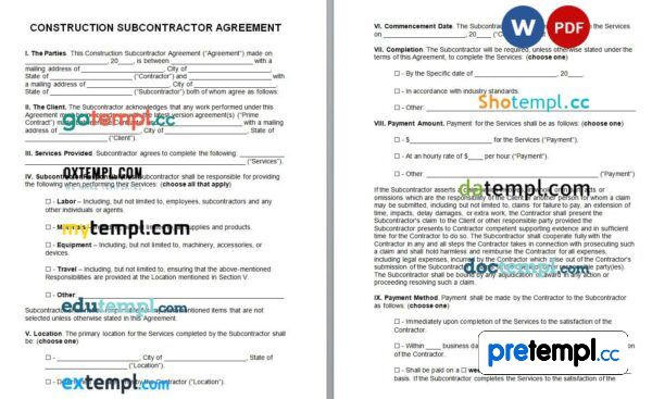 Construction Subcontractor Agreement Word example, fully editable