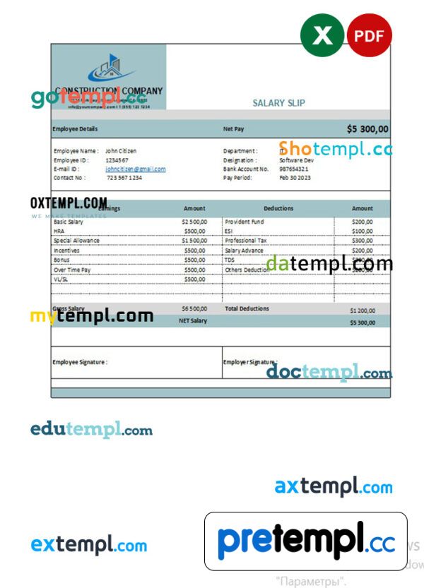 Construction company earning statement example in Excel and PDF formats