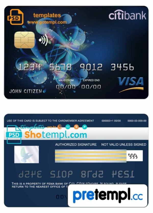 Côte d'Ivoire Citi bank visa credit card example in PSD format, fully editable