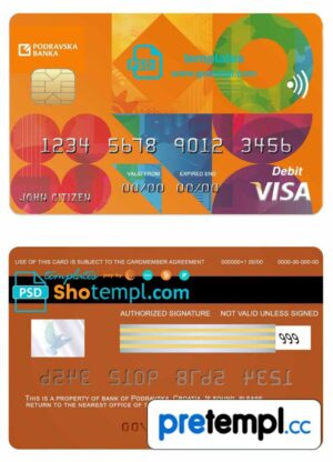 Croatian Podravska bank visa credit card example in PSD format, fully editable