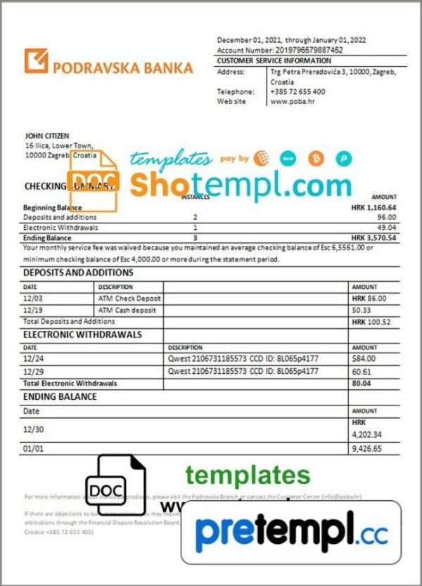 Croatian Podravska bank statement 3 - 6 months example in Word and PDF format