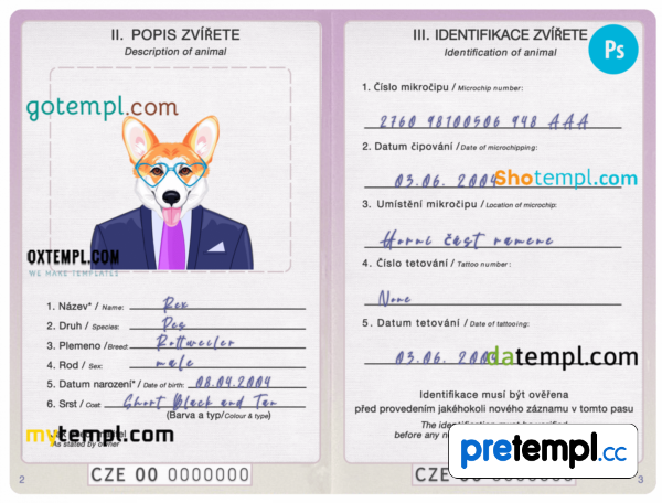 free download Czech dog (animal, pet) passport PSD example, completely editable