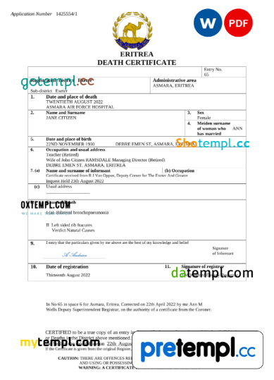 Eritrean Vital Record Download Death Certificate Word And Pdf Example Pretempl 8562