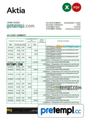 Finnish Aktia bank statement 3 - 6 months Excel and PDF example