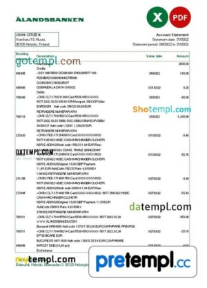 Finnish Aland bank statement 3 - 6 months Excel and PDF example
