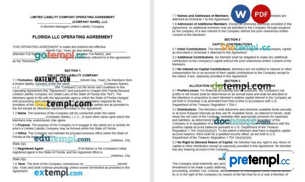 Florida Multi-Member LLC Operating Agreement Word example, fully editable