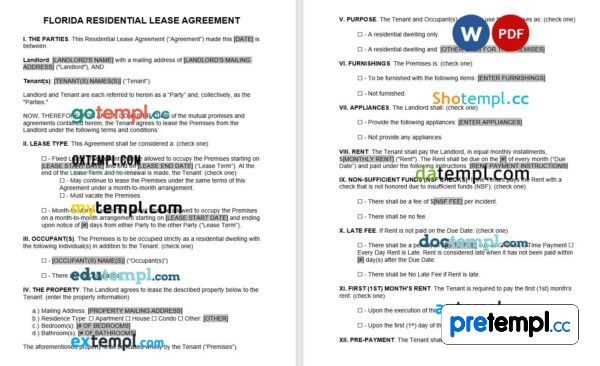 Florida Residential Standard Lease Agreement Word example, fully editable