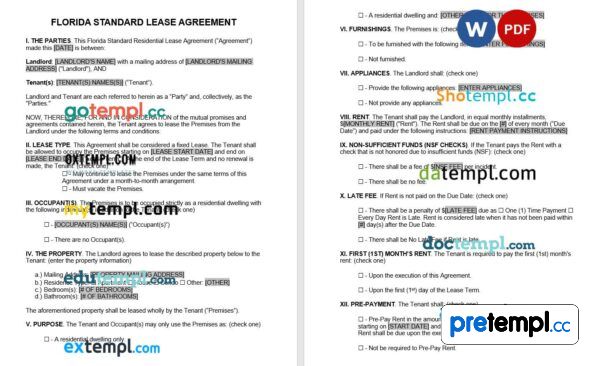 Florida Standard Residential Lease Agreement Word example