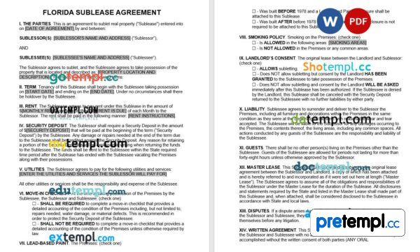 Florida Sublease Agreement example, fully editable