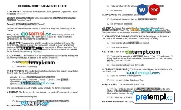 Georgian Month to Month Rental Agreement Word example, fully editable