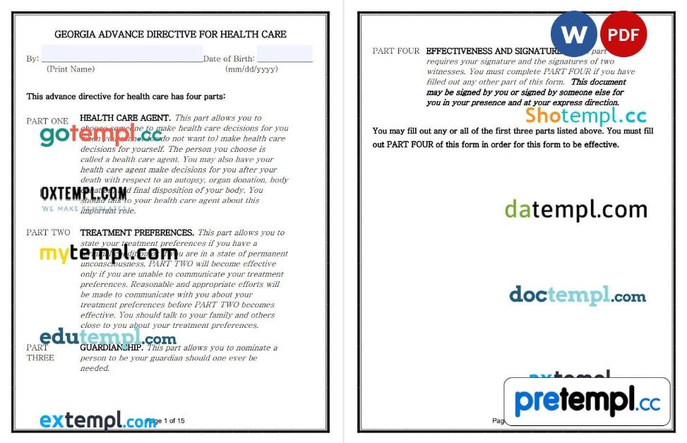 Georgian Advance Directive for Health Care example, fully editable