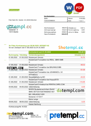 German Fidor bank statement 3 - 6 months, Word and PDF example