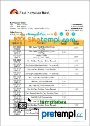 Hawaii First Hawaiian Bank statement bank statement 3 - 6 months example in Word and PDF format