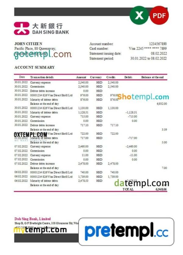 Hong Kong DAH Sing bank statement 3 - 6 months Excel and PDF example