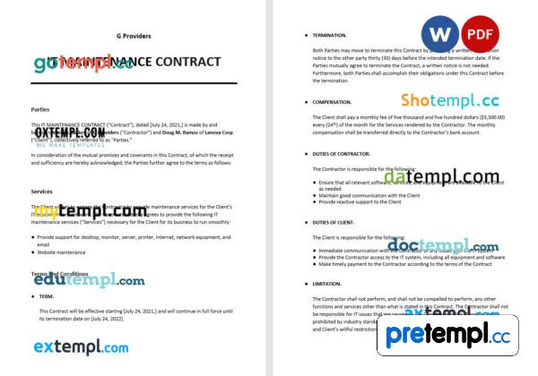 free download IT maintenance contract example, Word and PDF format