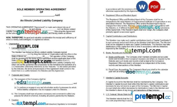 Illinois Single Member LLC Operating Agreement Word example, fully editable