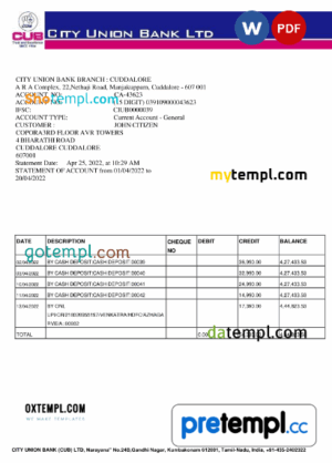 Indian City Union Bank statement, Word and PDF example