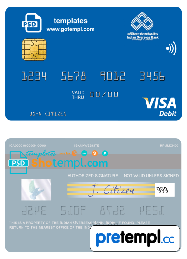 Indian Indiann Overseas Bank visa card example in PSD format, fully editable