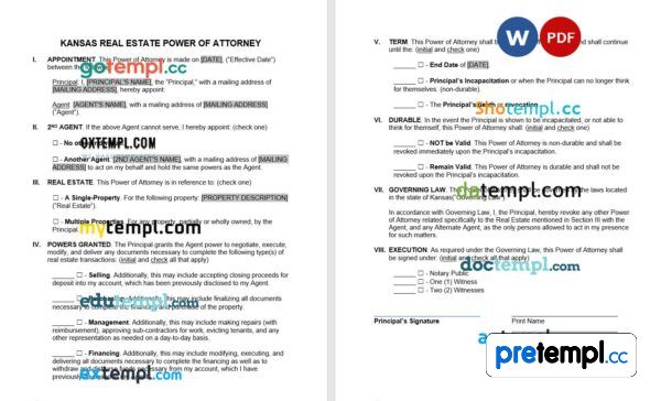 Kansas Real Estate Power of Attorney Form example, fully editable